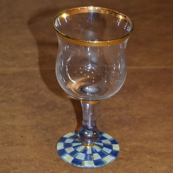 RARE RETIRED DESIGNER MACKENZIE CHILDS BLUE ROYAL CHECK GOLD WINE GLASS GOBLET - Picture 2 of 10